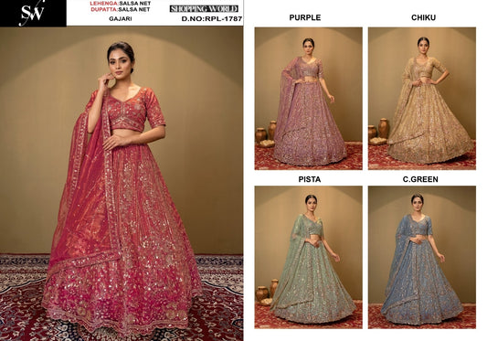 Gajri Pink Purple Chiku Golden Pista Green Sea Green Salsa Net Lehenga