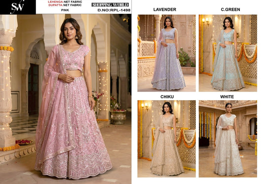 Pink Lavender Sea green Chiku Golden White Net Lehenga