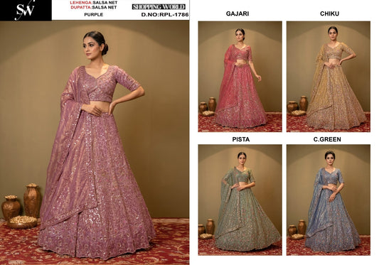 Purple Gajri Pink Chiku Golden Pista Green Sea Green Blue Salsa Net Lehenga