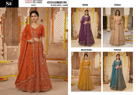 Rust Orange Wine Chiku Golden Mustard Firozi Blue Net Lehenga