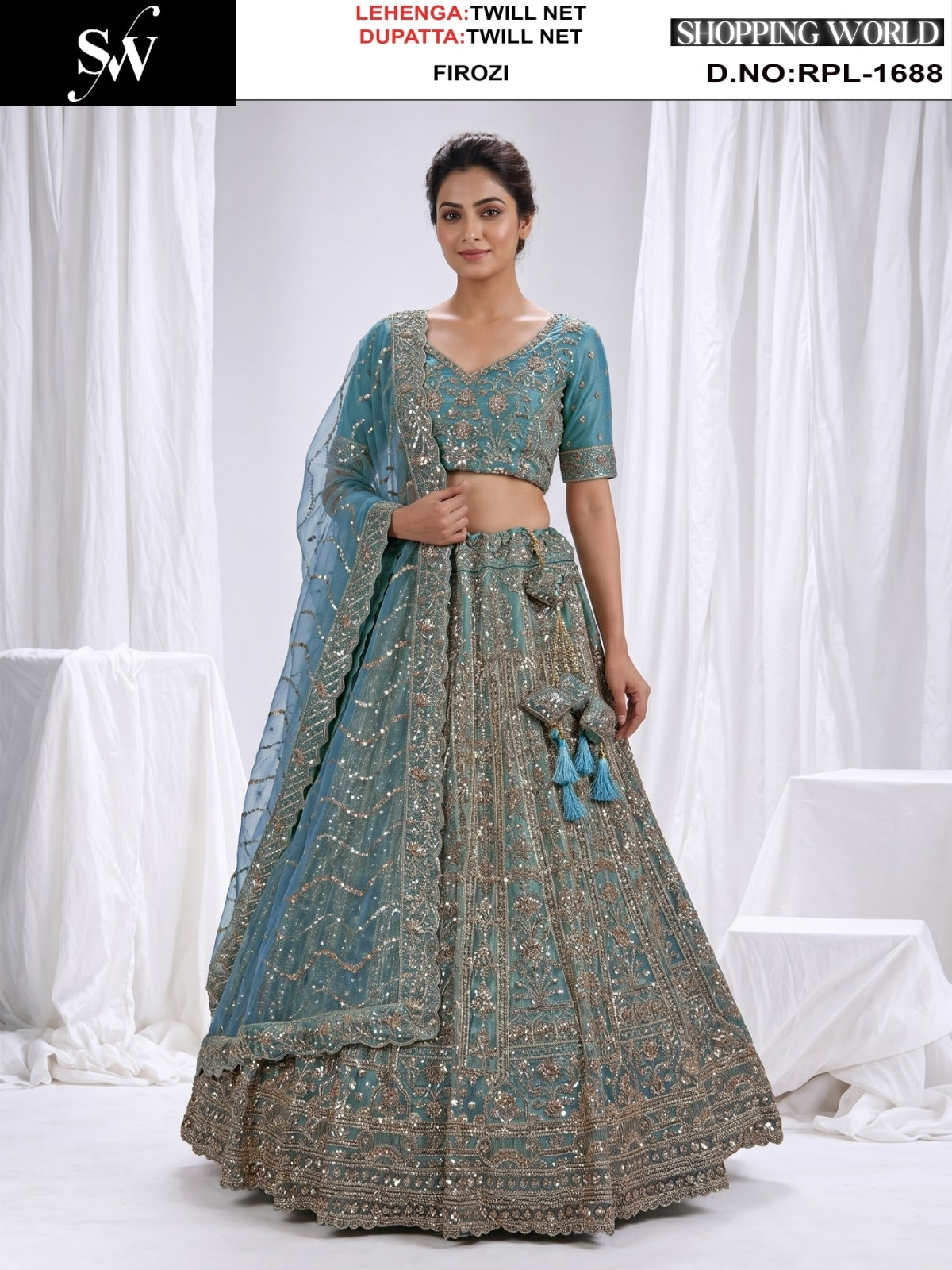 Firozi Blue Twill Net Lehenga