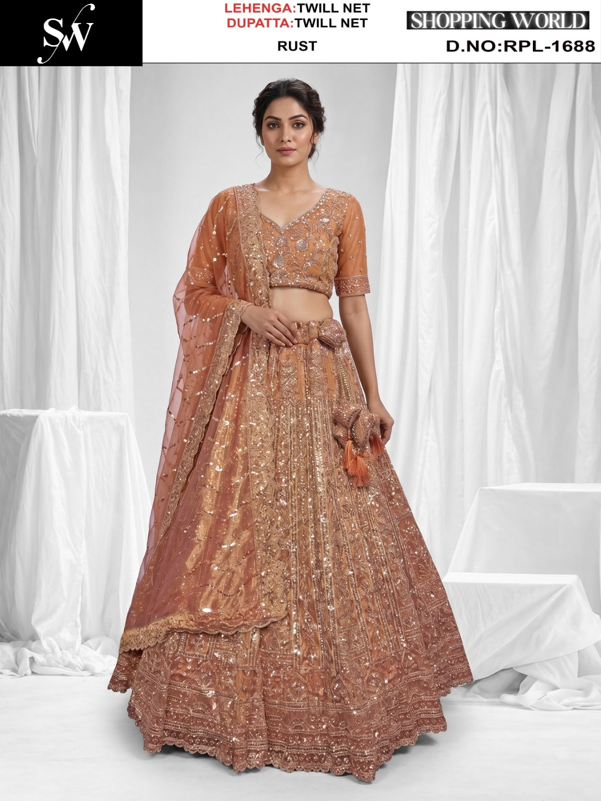Rust Orange Twill Net Lehenga