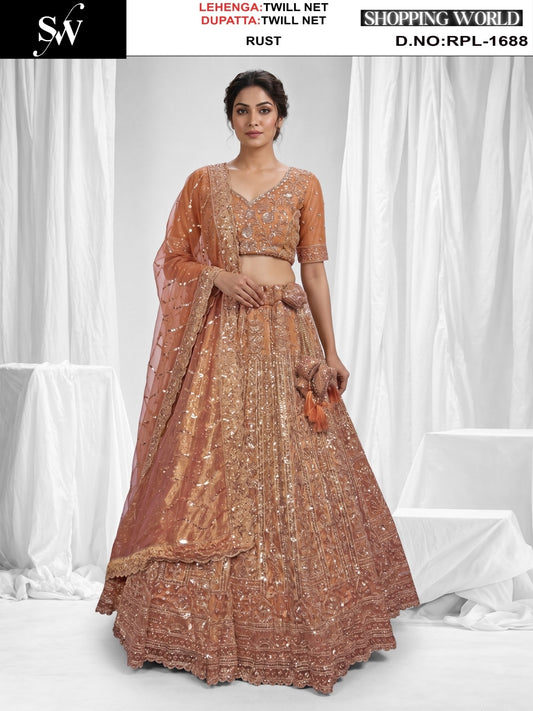 Rust Orange Twill Net Lehenga