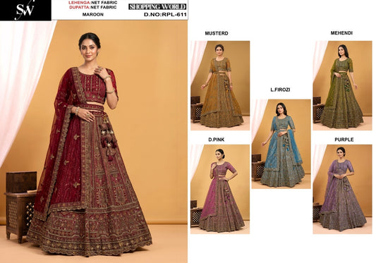 Maroon Mustard Light Firozi Mehendi Green Dark Pink Purple Net Lehenga