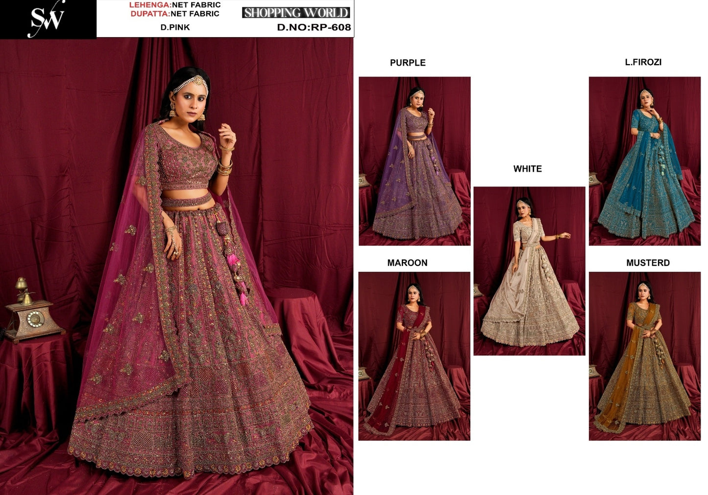 Dark Pink Purple White Maroon Light Firozi Blue Mustard Net Lehenga