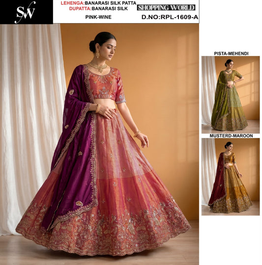 Pink Pista Green Mustard Banarasi Silk Patta Lehenga