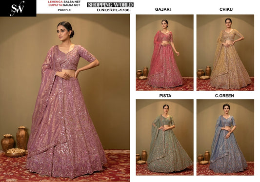 Purple Gajri Pink Chiku Golden Pista Green Sea Green Blue Salsa Net Lehenga