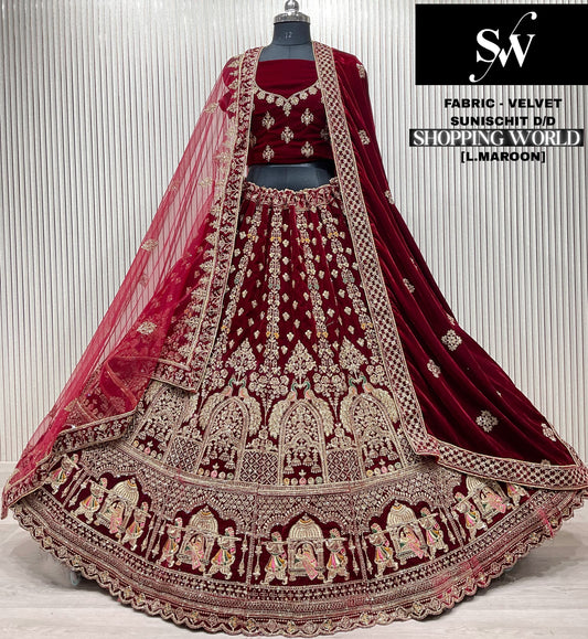 Light Maroon Doli Barat Velvet Bridal Lehenga