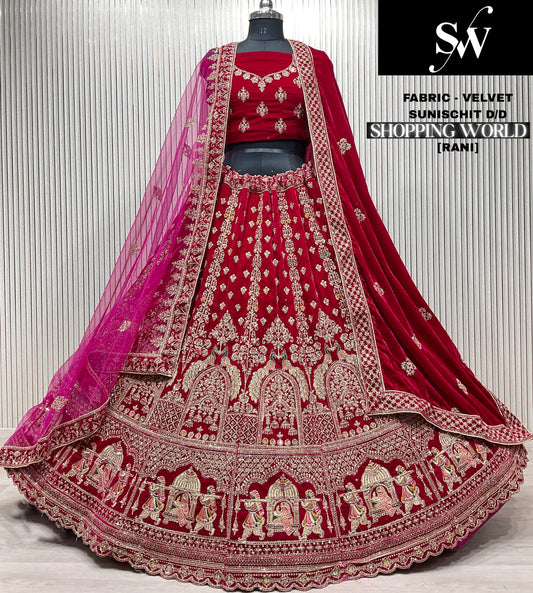 Dark Maroon Doli Barat Velvet Bridal Lehenga