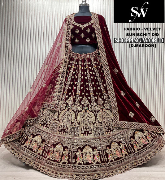 Dark Maroon Doli Barat Velvet Bridal Lehenga