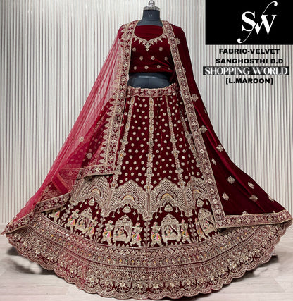 Dark Maroon Doli Barat Velvet Bridal Lehenga