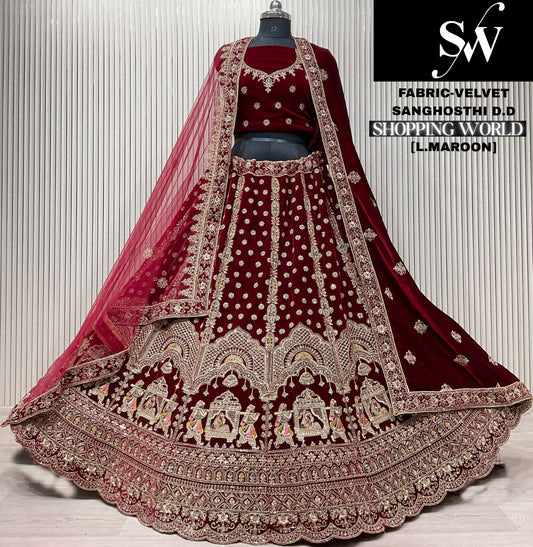 Dark Maroon Doli Barat Velvet Bridal Lehenga