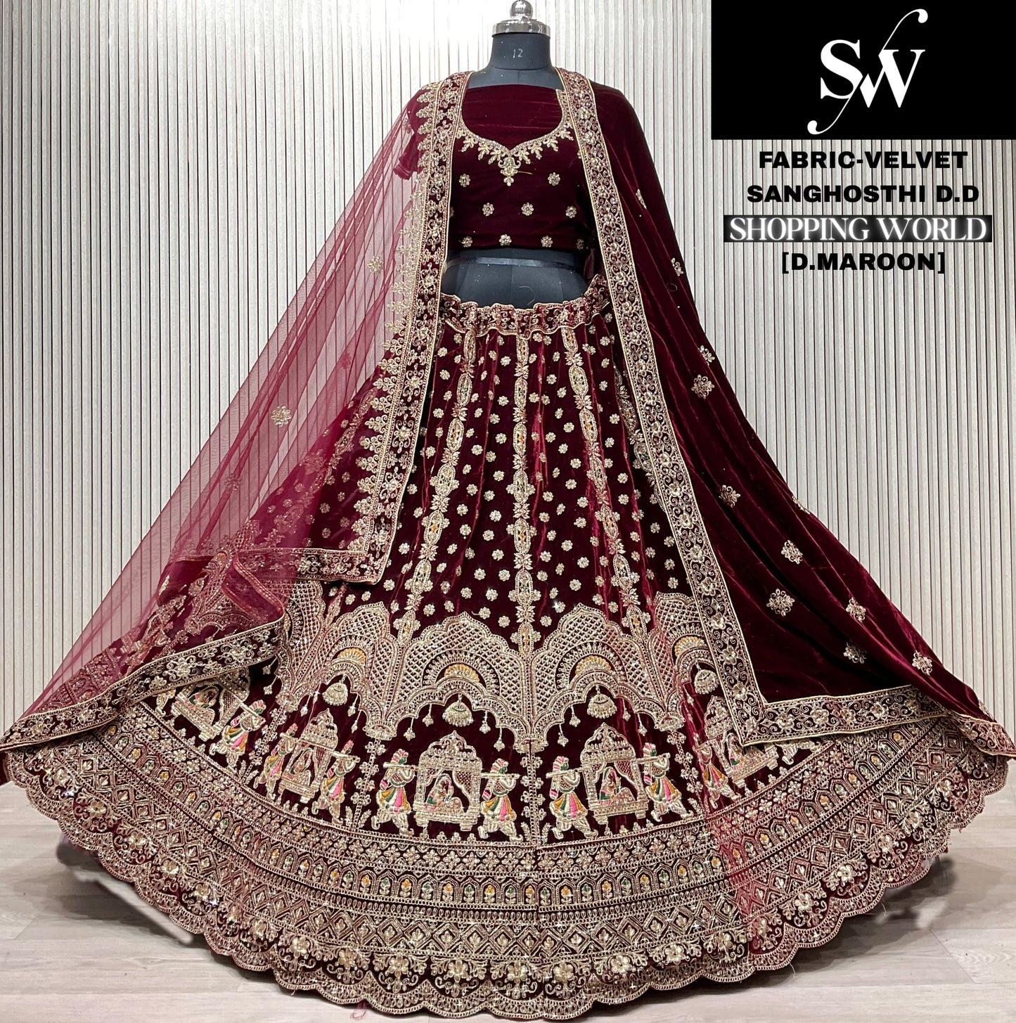 Dark Maroon Doli Barat Velvet Bridal Lehenga