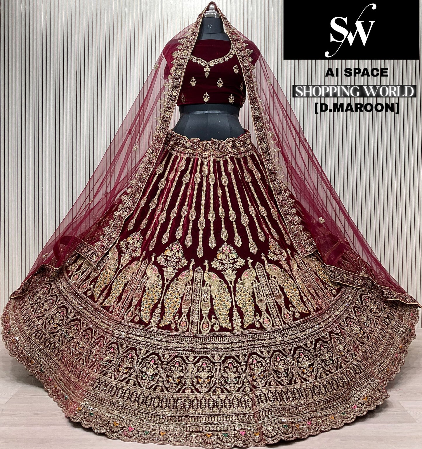 Dark Maroon Peacock Bridal Lehenga