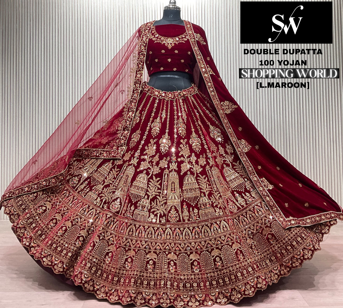 Light Maroon Double Dupatta Bridal Lehenga