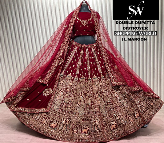 Light Maroon Double Dupatta Bridal Lehenga