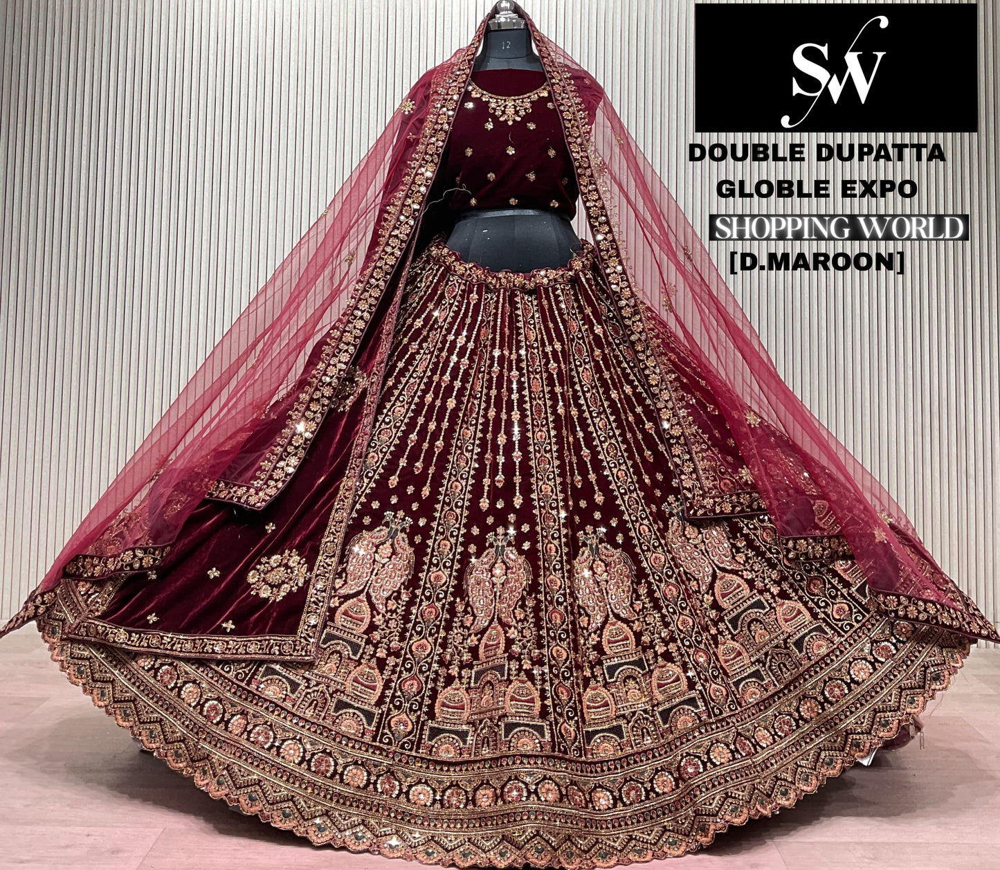 Light Maroon Double Dupatta Bridal Lehenga