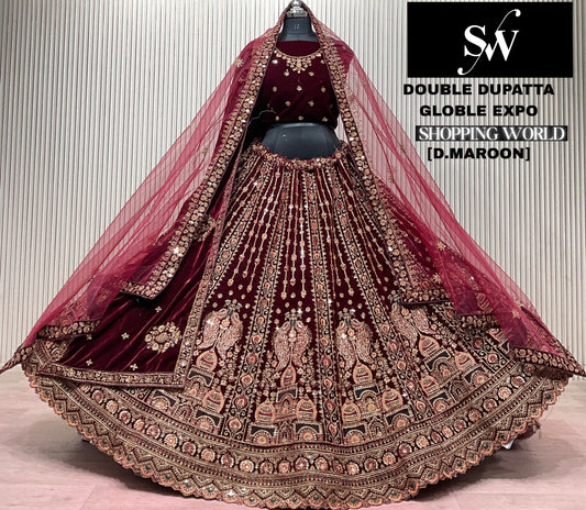 Dark Maroon Double Dupatta Bridal Lehenga