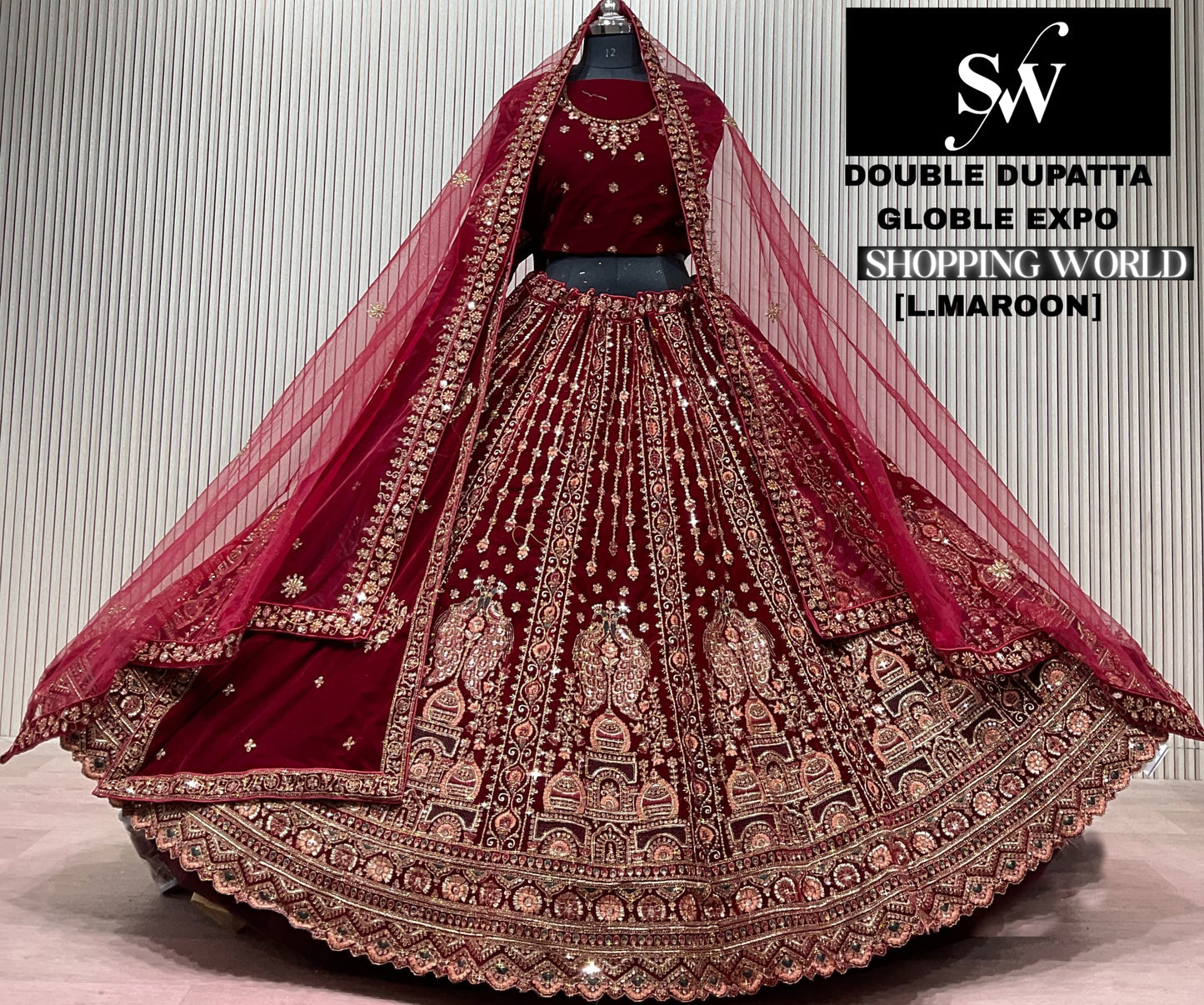 Light Maroon Double Dupatta Bridal Lehenga