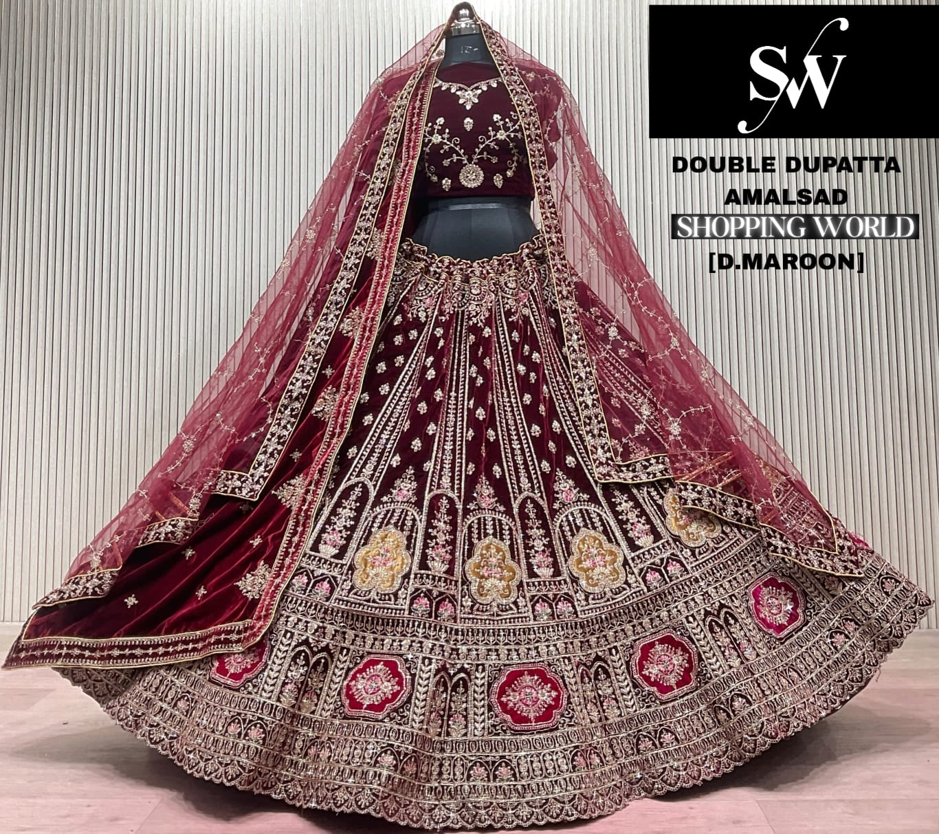 Light Maroon Double Dupatta Bridal Lehenga