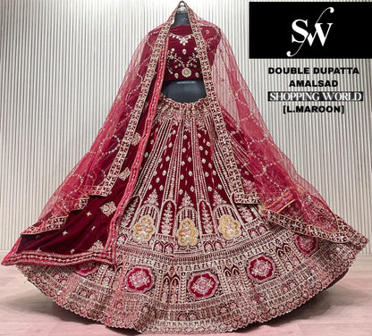 Light Maroon Double Dupatta Bridal Lehenga