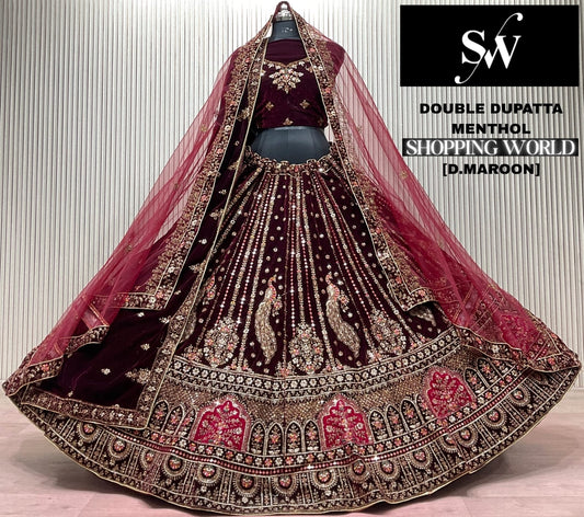 Dark Maroon Peacock Double Dupatta Bridal Lehenga