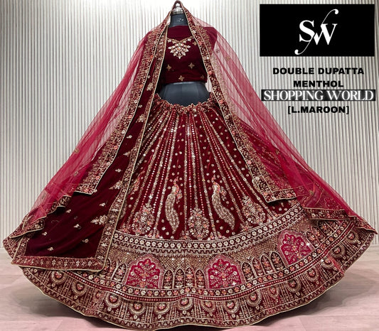 Dark Maroon Peacock Double Dupatta Bridal Lehenga