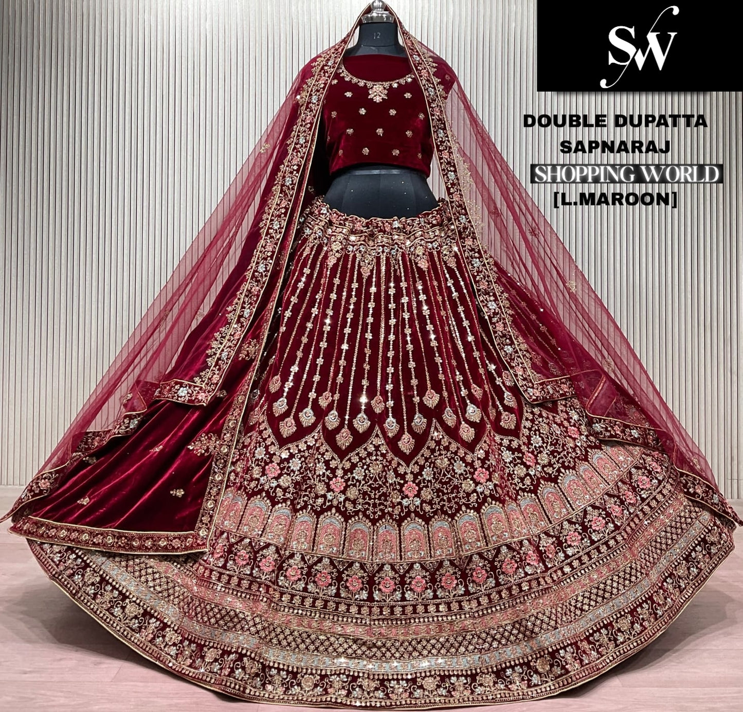 Dark Maroon Double Dupatta Bridal Lehenga