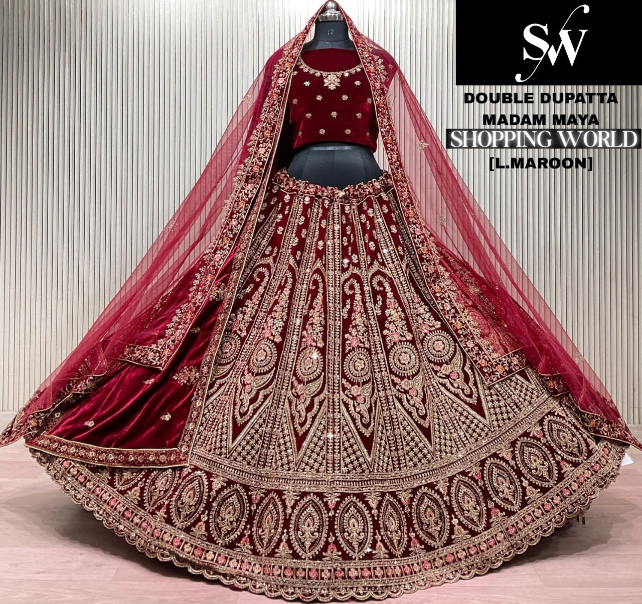Light Maroon Double Dupatta Bridal Lehenga