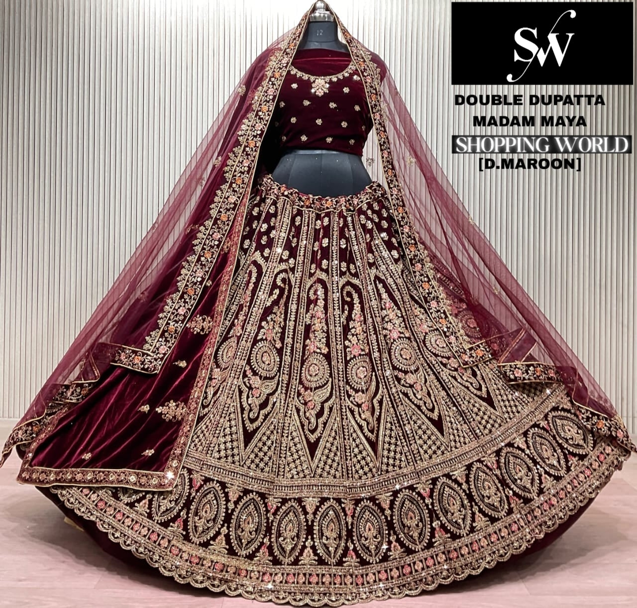 Dark Maroon Double Dupatta Bridal Lehenga