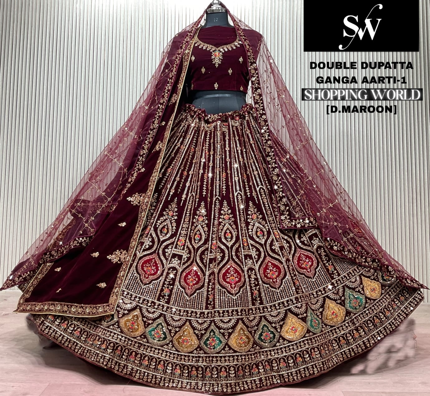 Light Maroon Double Dupatta Bridal Lehenga