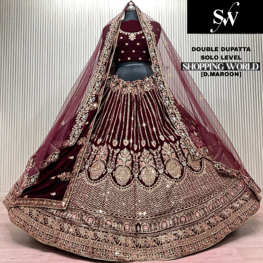 Dark Maroon Double Dupatta Bridal Lehenga