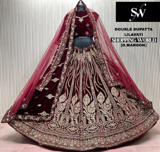 Dark Maroon Double Dupatta Bridal Lehenga