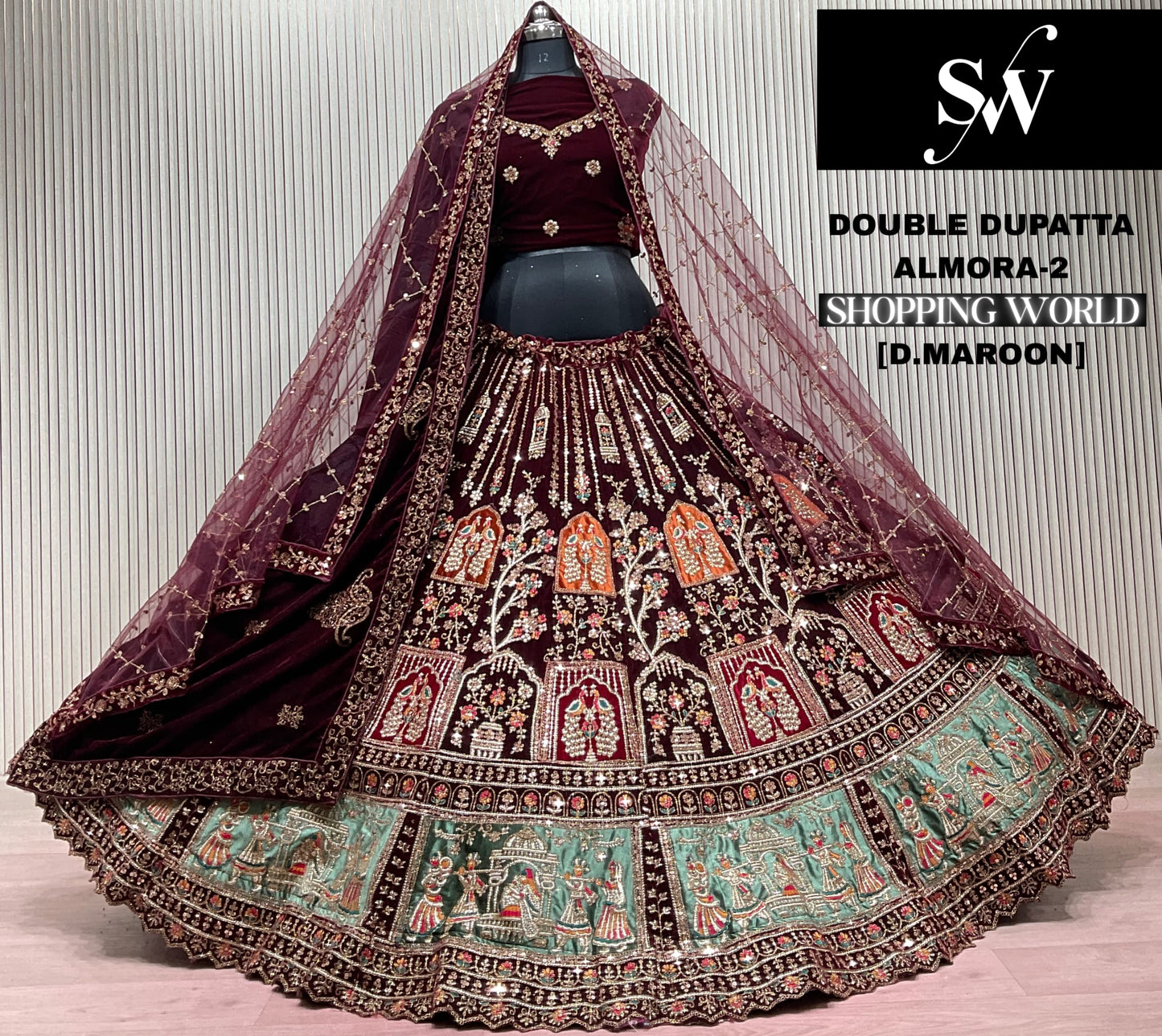 Dark Maroon Double Dupatta Bridal Lehenga