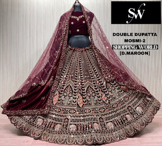Dark Maroon Double Dupatta Bridal Lehenga