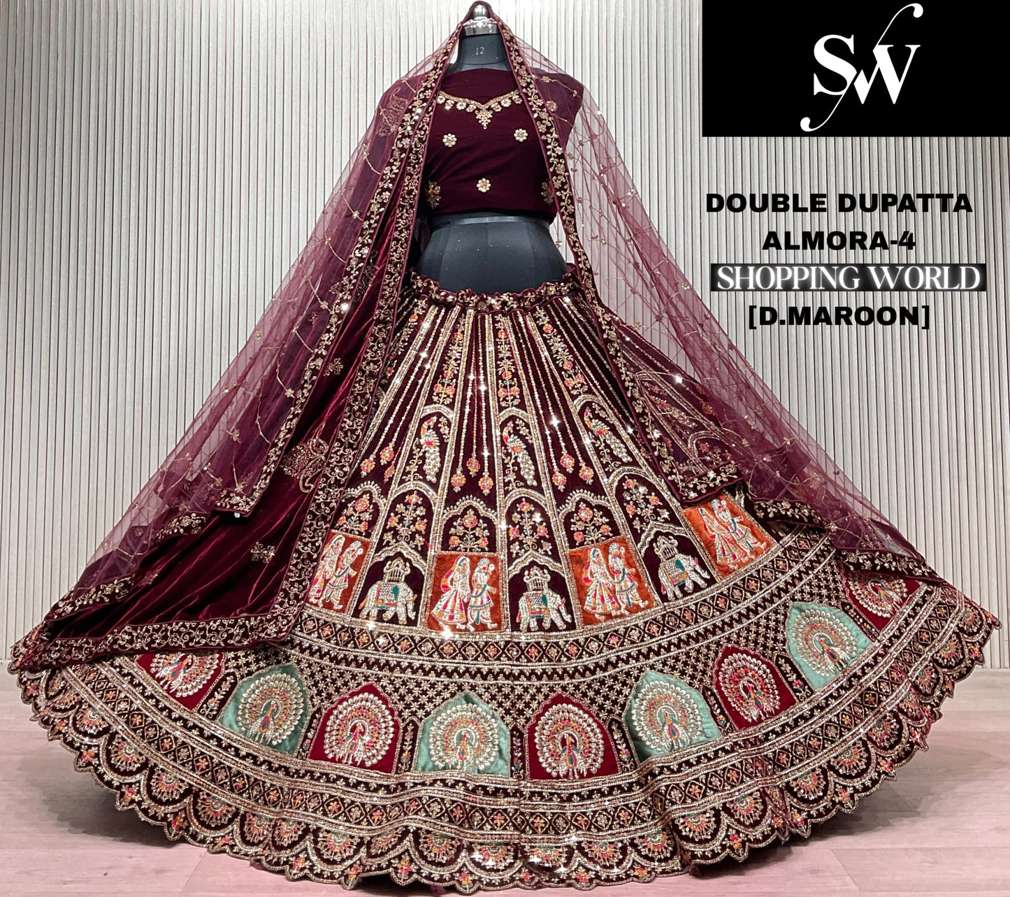 Light Maroon Double Dupatta Bridal Lehenga