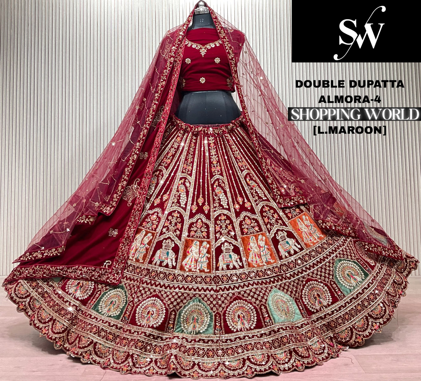 Light Maroon Double Dupatta Bridal Lehenga