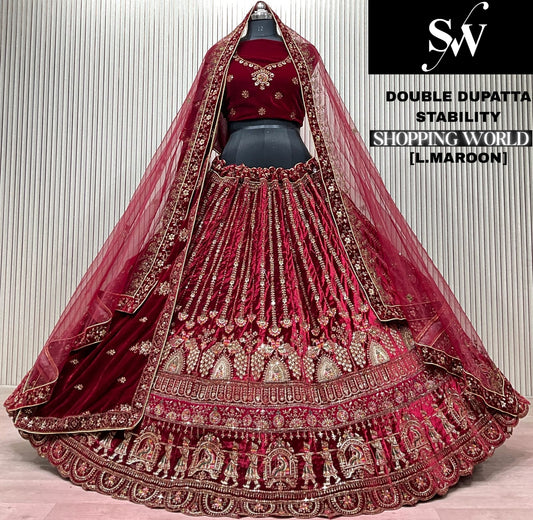 Dark Maroon Double Dupatta Bridal Lehenga