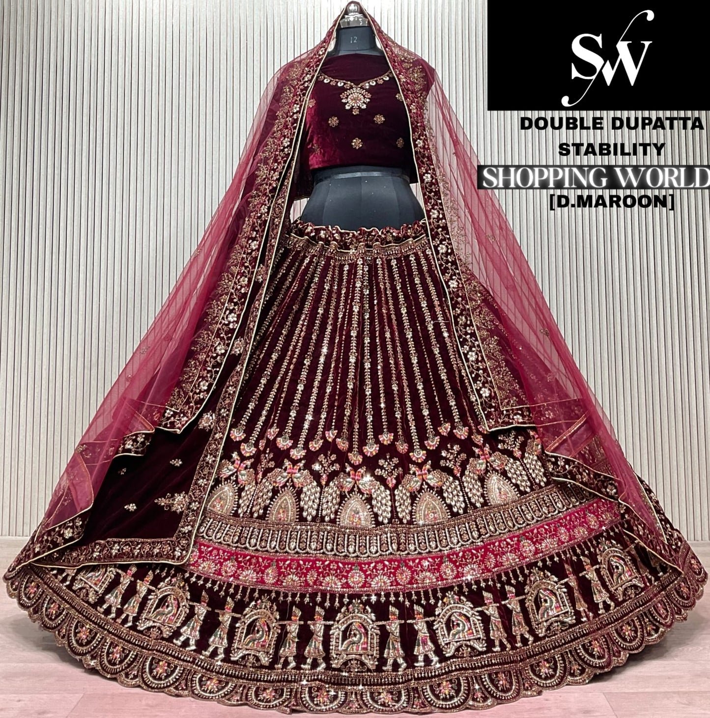 Light Maroon Double Dupatta Bridal Lehenga