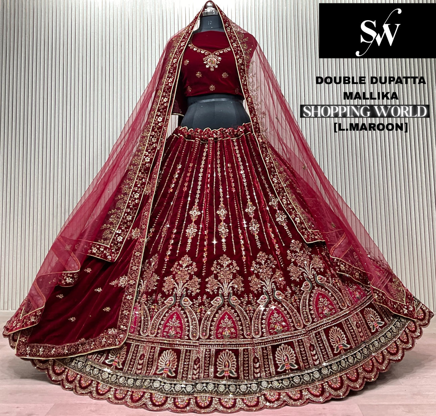 Dark Maroon Double Dupatta Bridal Lehenga