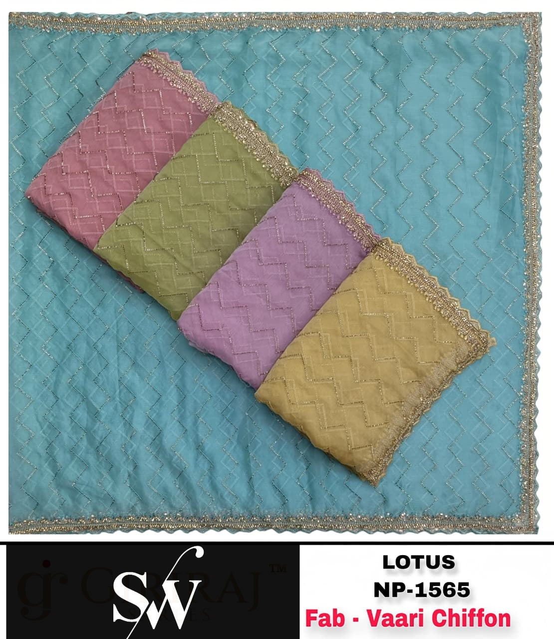 Yellow Green Pink Lavender Vaari Chiffon Saree