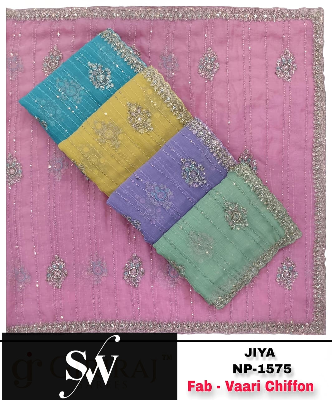 Yellow Blue Green Lavender Pink Vaari Chiffon Saree
