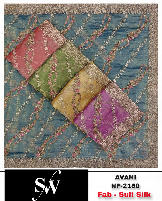 Yellow Blue Green Pink Suffi Silk Saree