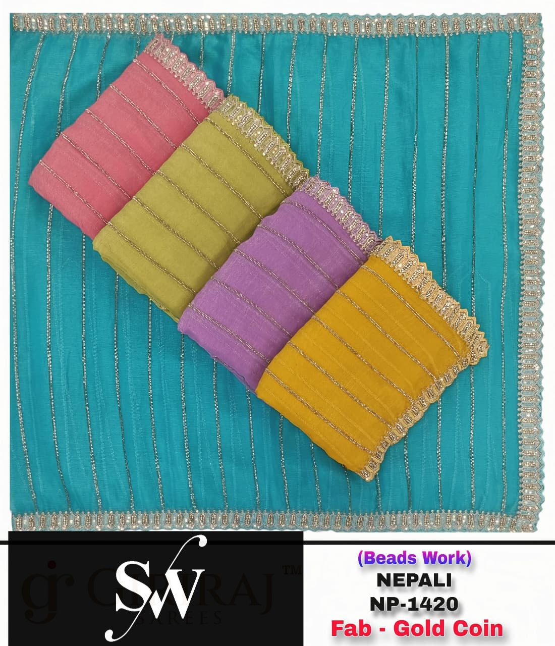 Yellow Blue Green Pink Lavender Gold Coin Saree
