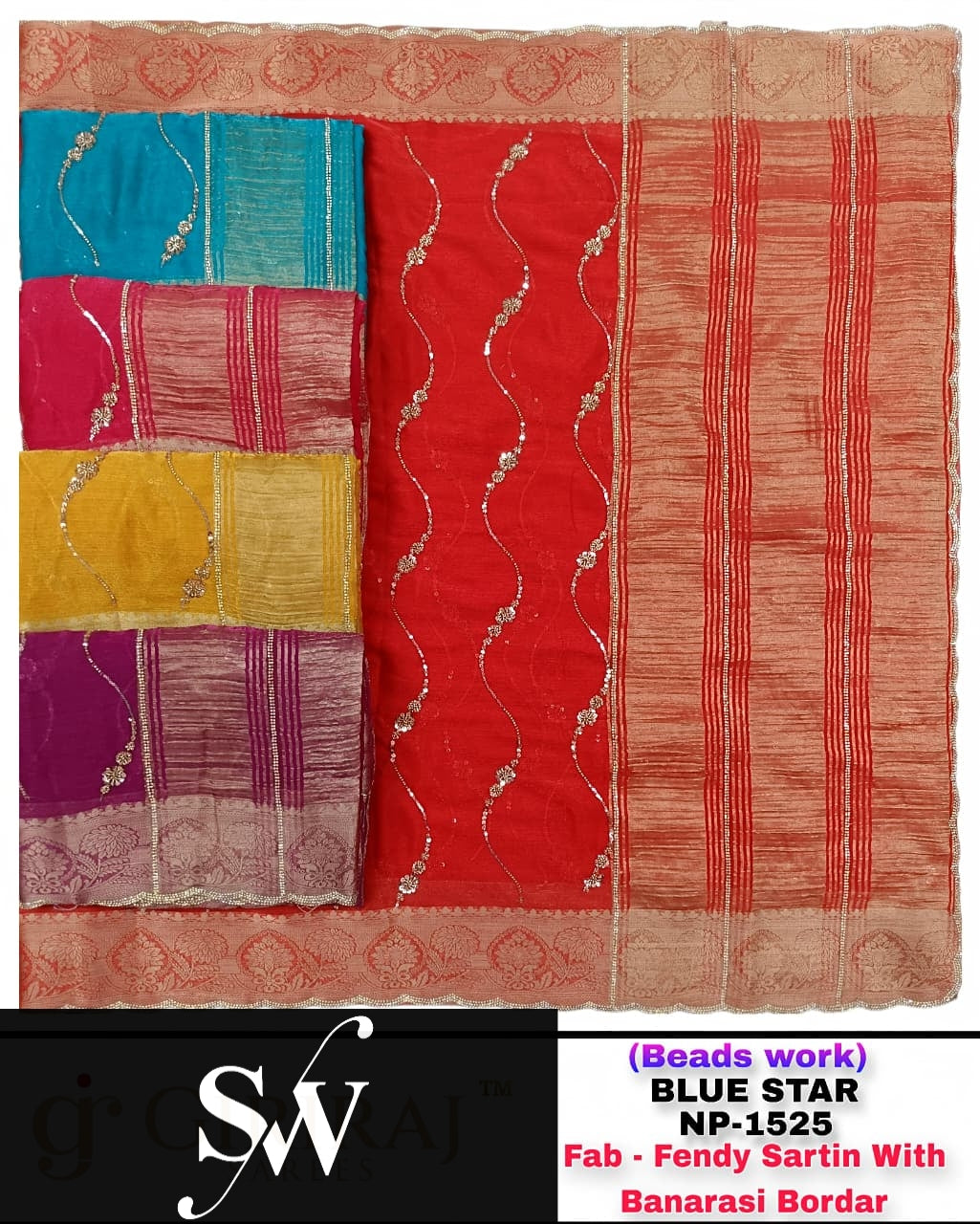 Red Blue Yellow Purple Fendy Sartin Banarasi border Saree