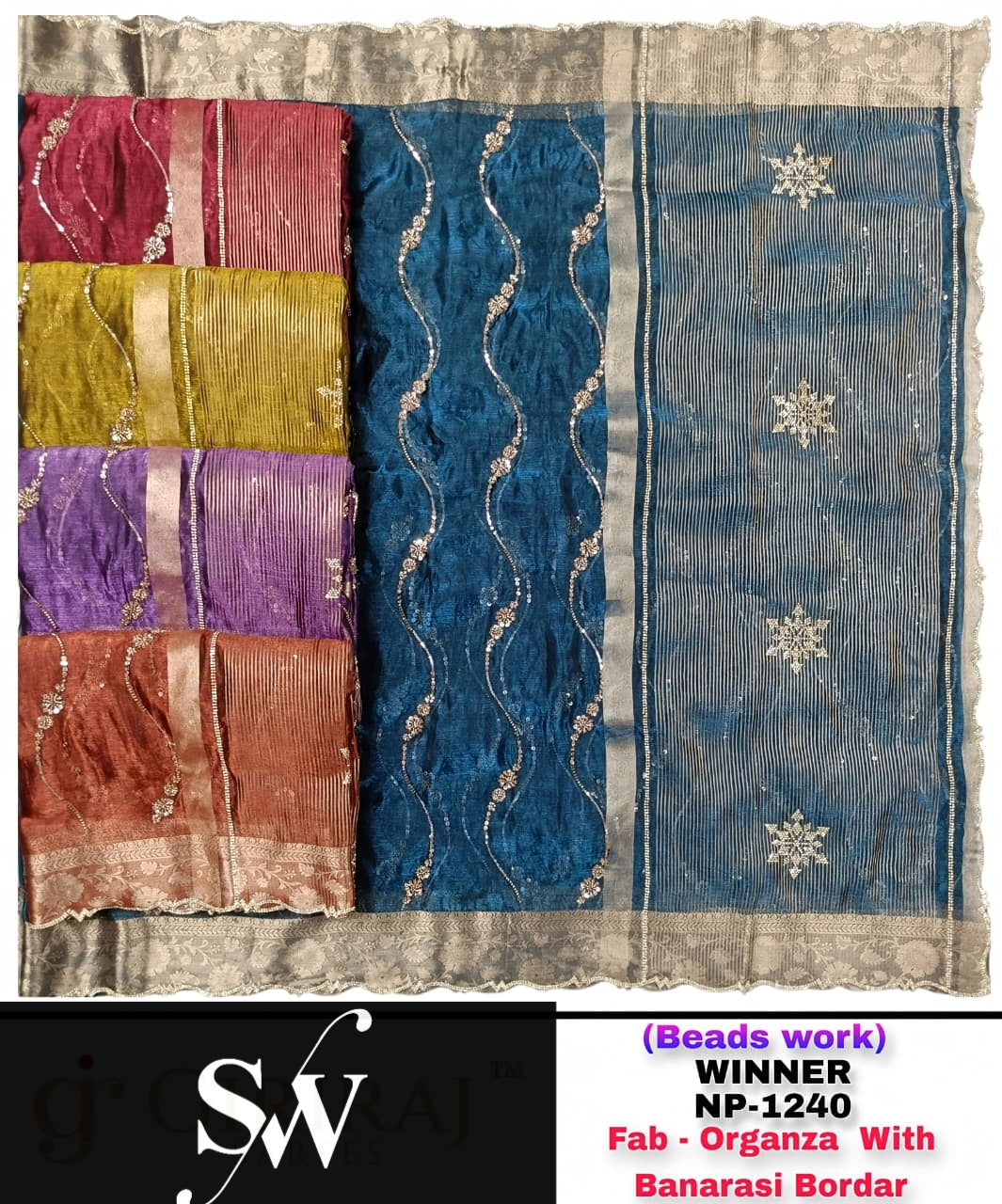 Red Blue Yellow Purple Organza Banarasi border Saree