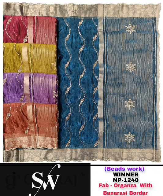 Red Blue Yellow Purple Organza Banarasi border Saree
