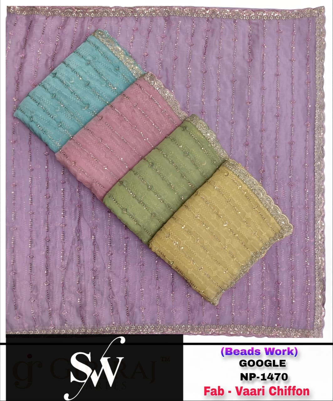 Blue Yellow Lavender Green Pink Varri Chiffon Saree