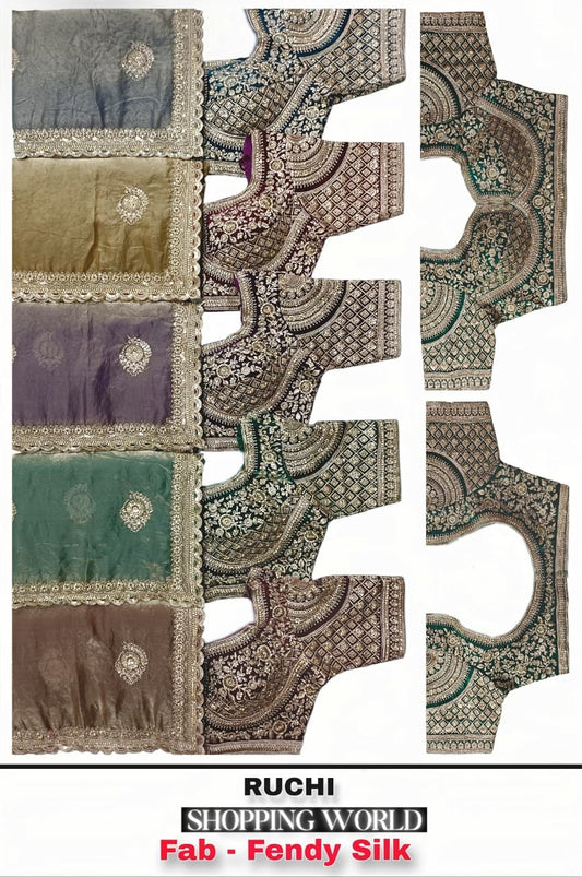 Brown Blue Pink Green Golden Fendy Silk Saree