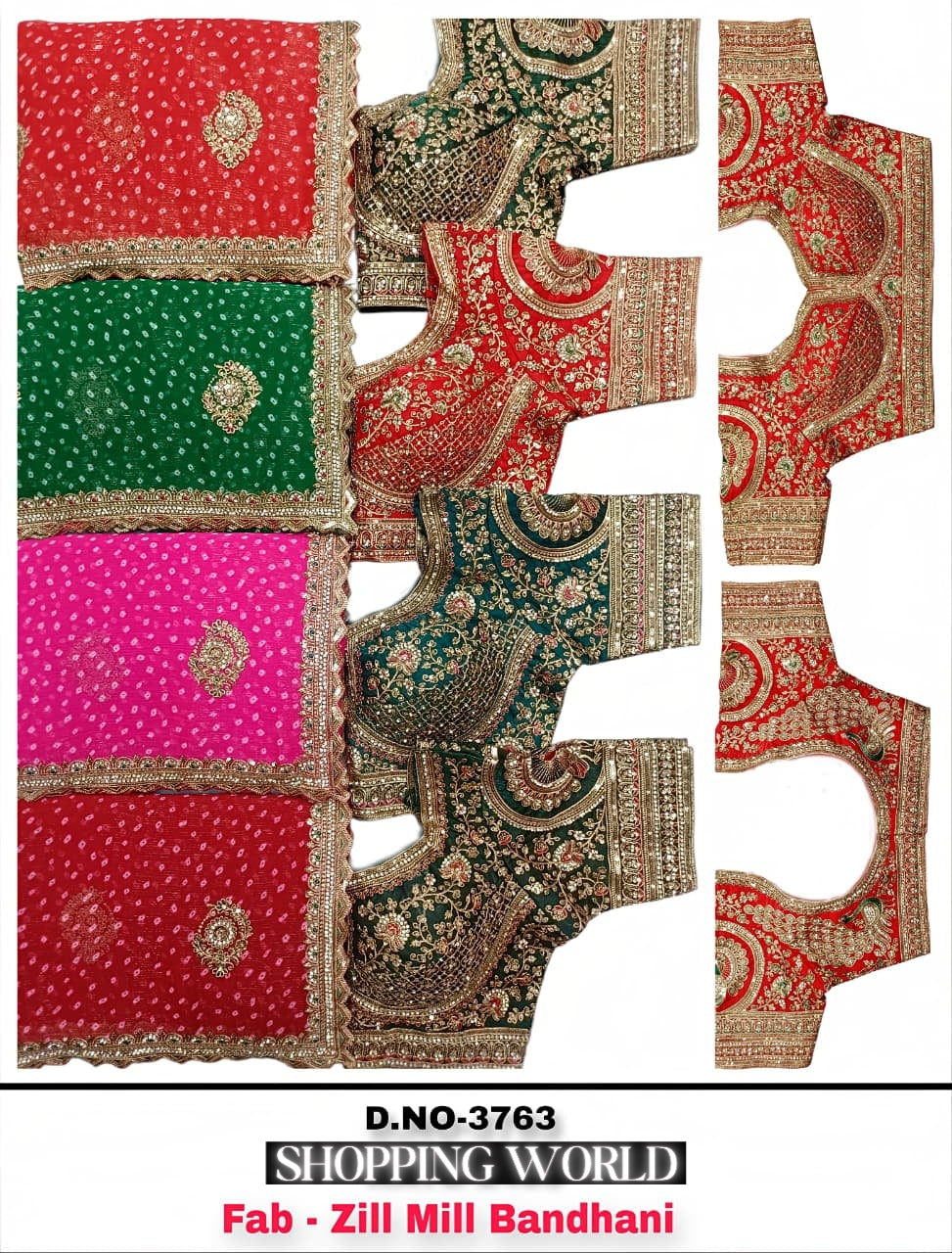 Hot Pink Red Green Zilli Mill Bandhani Saree